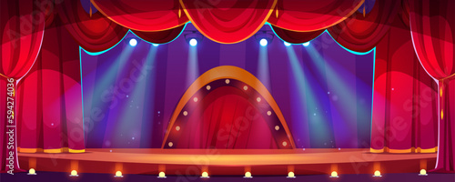 Circus or theater stage with red curtains and arch with light bulbs on background. Show studio with empty scene with spotlights and drapery, vector cartoon illustration