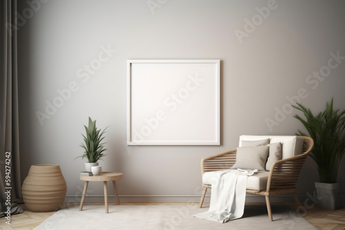 interior of a room with a chair minimalist cozy healing living room blank frame mockup   Generative AI 