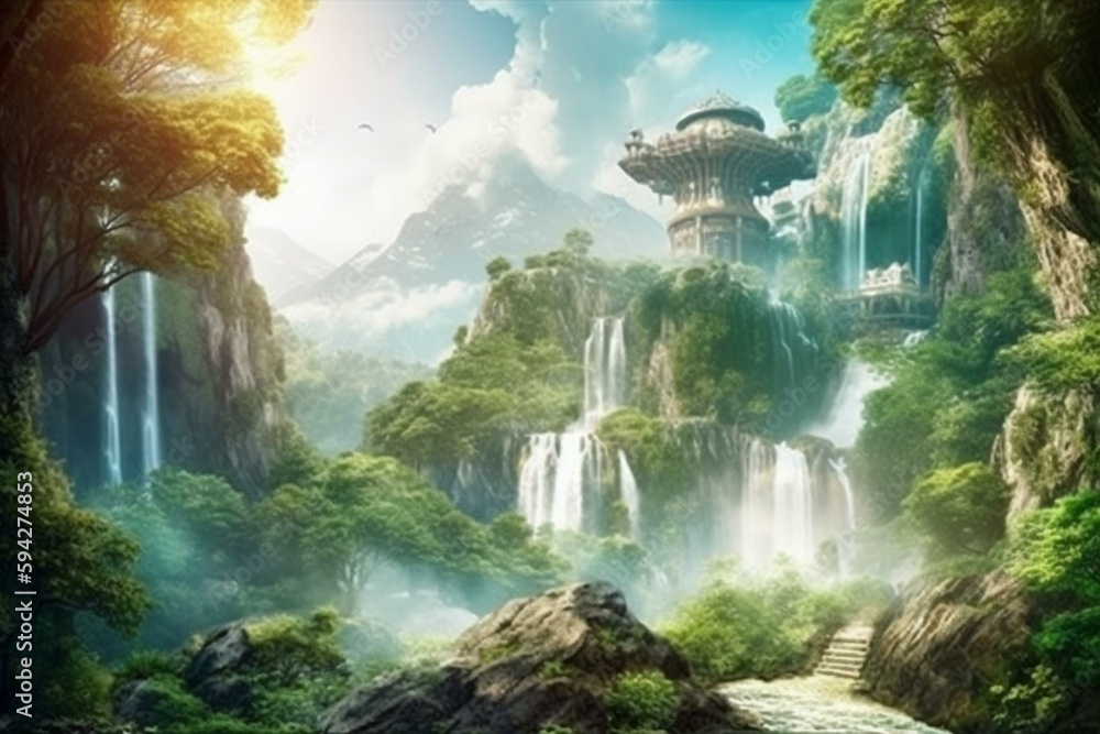Digital artwork of a fantasy landscape with waterfalls falling from ...