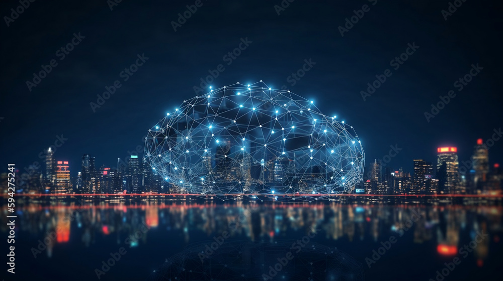 Innovative technology in science with a smart brain and innovation icons connected in a network on a dark blue city background. Generative AI.