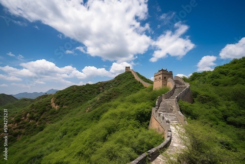 Papier peint The Great Wall of China against a Blue Sky and White Clouds