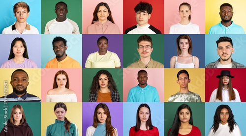 Collage of portraits of different people of diverse gender, age, race and nationality looking at camera with serious face over multicolor background. Concept of emotions, human rights and equality