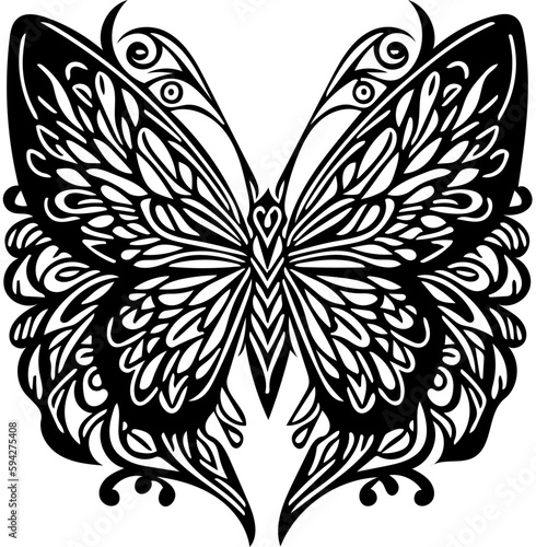 Black and white retro illustration of butterfly in tribal style  tattoo art  vector drawing 