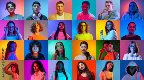 Collage of faces of emotional people of diverse gender, age and race on multicolored backgrounds in neon light. Concept of emotions, human rights and equality, youth, lifestyle, ad