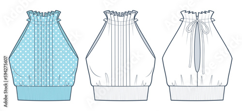Halter Top technical fashion illustration, fashion design. Women's Blouse, Tie Top fashion flat drawing template, off shoulder, rib waistband, front and back view, white and blue, women CAD mockup set
