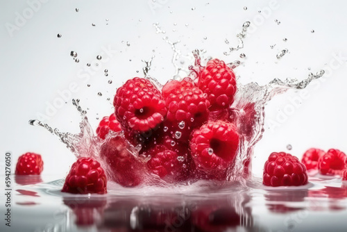 ripe, red raspberries in a splash of water. berry on a light, white background. health and vitamins. ai generative.
