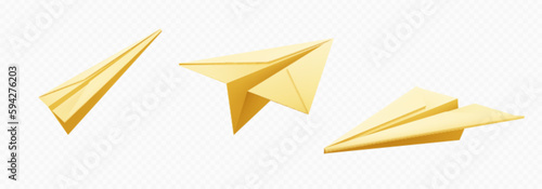 Realistic 3d yellow paper plane isolated vector. Origami airplane model flying icon on transparent background. Send email letter concept. Symbol success in business. Sent message illustration