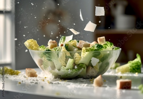 Caesar salad ingredients falling into bowl. AI generative illustrations