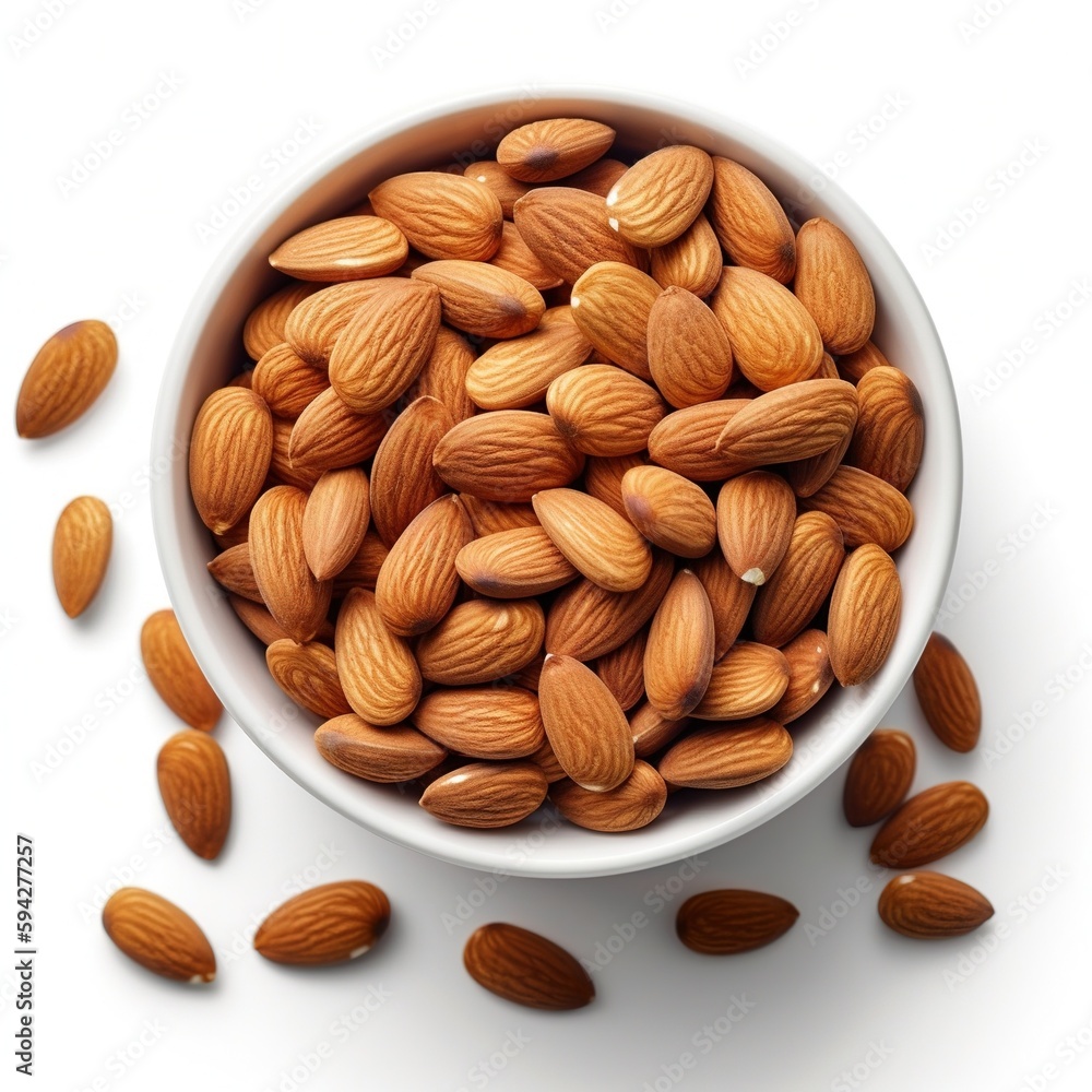 Almond nuts in white bowl isolated on white background. Ingredient, recipe. Almond nuts in white bowl isolated on white background. Ingredient, recipe.
