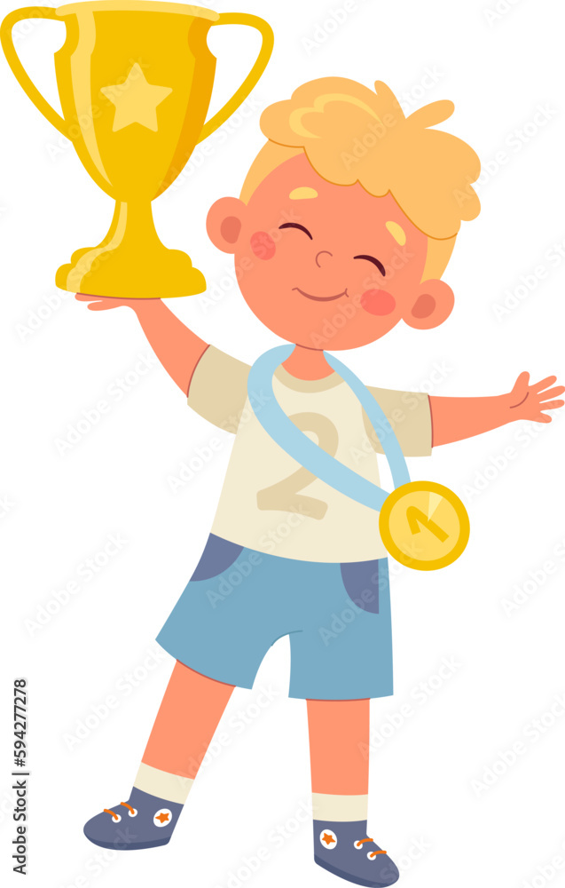 Child Boy With Trophy Cup And Medal Child Boy With Trophy Cup And Medal
