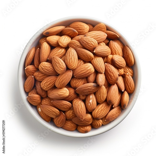 Almond nuts in white bowl isolated on white background. Ingredient, recipe. 