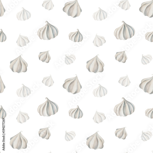 Watercolor seamless pattern with meringues. Hand painting sweet on a white isolated background. For designers, menu, shop, polygraphy,bar, bistro, restaurant, for postcards, wrapping paper, covers