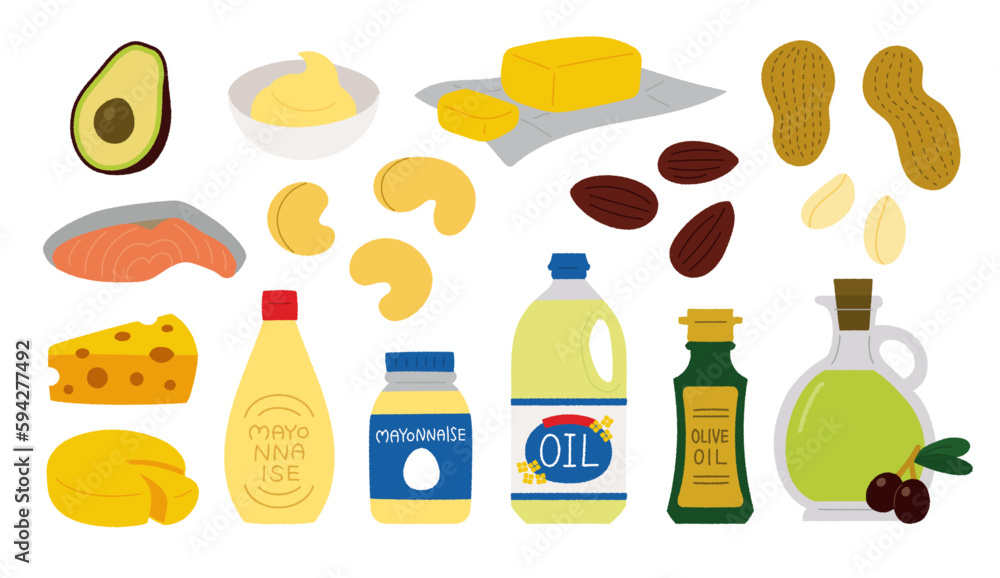 脂質を多く含む食品のベクターイラスト/油・ナッツ・チーズ・アボカドなど 脂質を多く含む食品のベクターイラスト/油・ナッツ・チーズ・アボカドなど