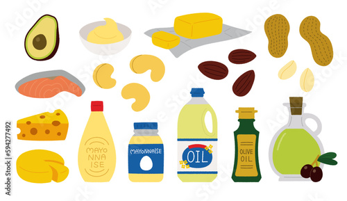 脂質を多く含む食品のベクターイラスト／油・ナッツ・チーズ・アボカドなど