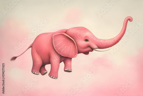 illustration of cute pink elephant flying in pink sky, made with generative ai