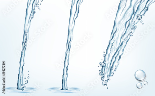 Collection of transparent realistic vector  water jet streams and splashes on light background