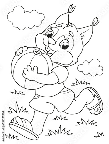 Coloring page outline of the cartoon smiling cute beautiful squirrel with a ball. Colorful vector illustration, summer coloring book for kids.