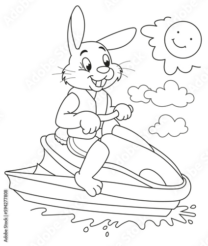 Coloring page outline of the cartoon cute rabbit on a water bike. Colorful vector illustration, summer coloring book for kids.