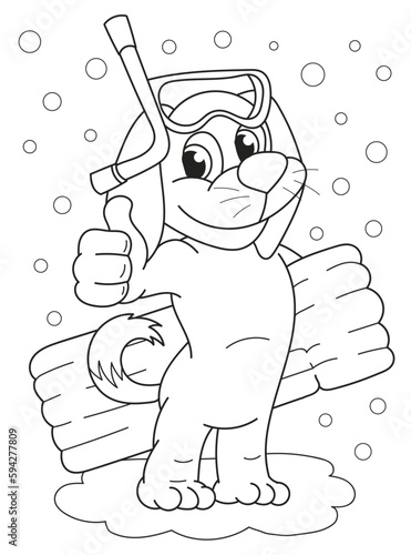 Coloring page outline of the cartoon smiling cute little dog on the sea. Colorful vector illustration, summer coloring book for kids.