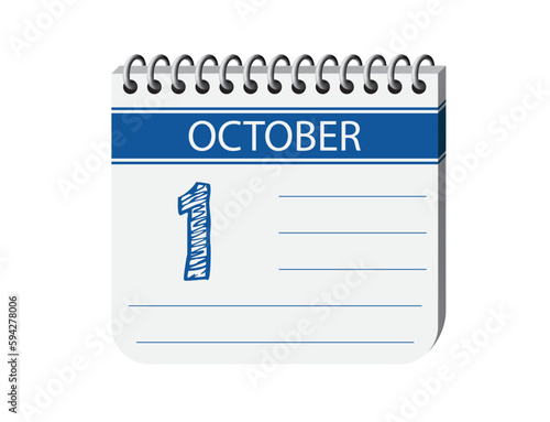 1 october calendar notebook page vector. 3d one day calendar date, appointment, event reminder illustration. Abstract three dimensional daily date appointment, agenda, event calendar.
