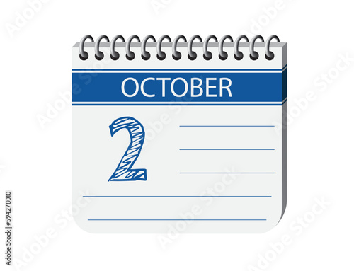 2 october calendar notebook page vector. 3d one day calendar date, appointment, event reminder illustration. Abstract three dimensional daily date appointment, agenda, event calendar.
