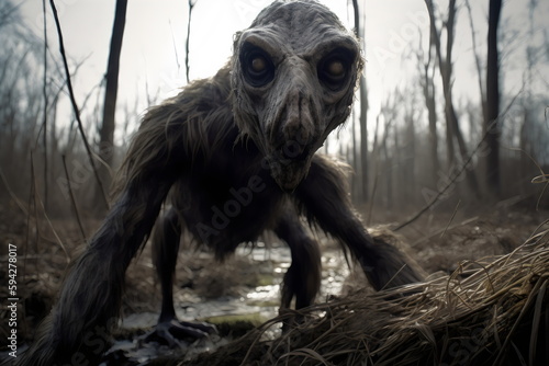 cryptid furry monster creature in swamp caught on camera, made with generative ai photo