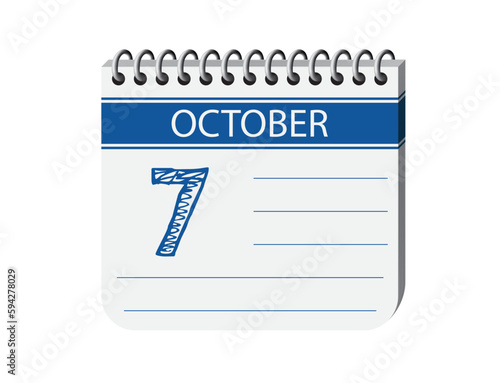 7 october calendar notebook page vector. 3d one day calendar date, appointment, event reminder illustration. Abstract three dimensional daily date appointment, agenda, event calendar.
