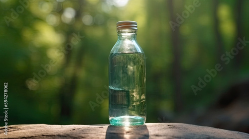 A bottle of drinking water stands on a blur green nature