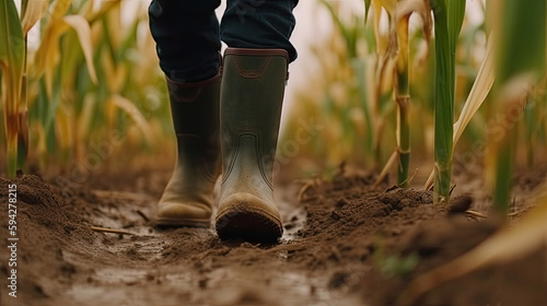Foto Agriculture Farmer in rubber boots walk through a wheat corn field