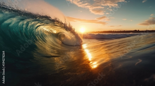 Beautiful ocean surfing wave breaking at sunset beach © LightoLife