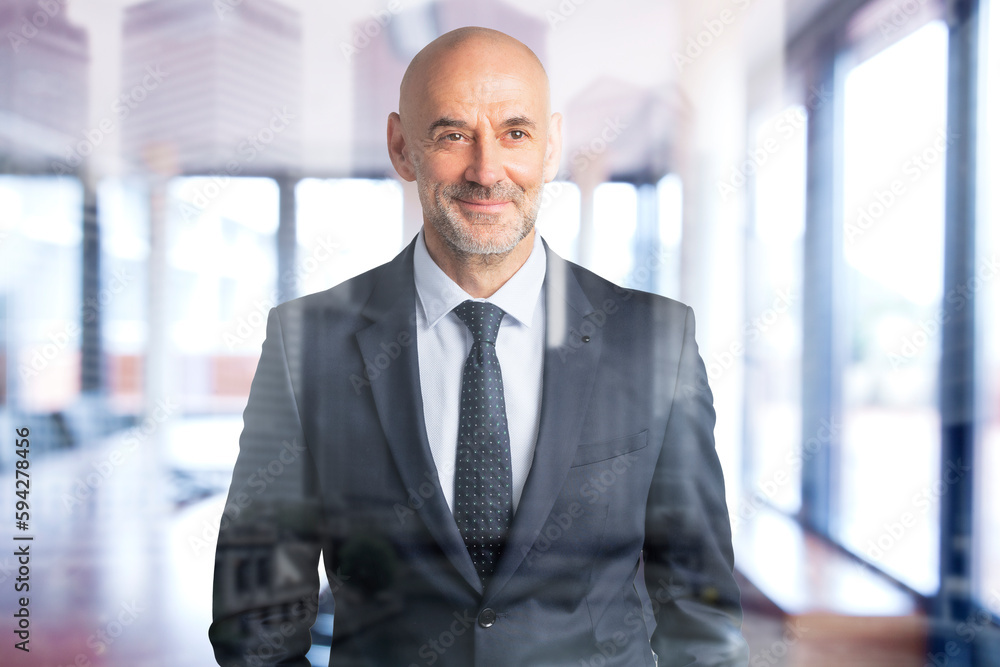 Mid aged exeutive businessman wearing suit and tie while standing at the office
