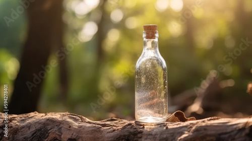 Bottle water made to plastic on the wood and tree bokeh background