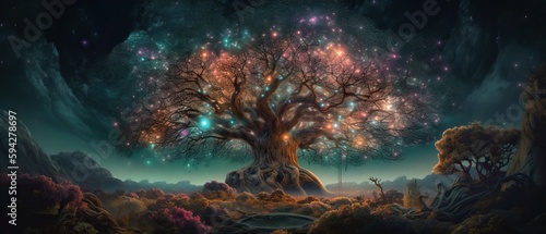Majestic tree in a Surreal Landscape. Ultrawide. Generative AI © Chris