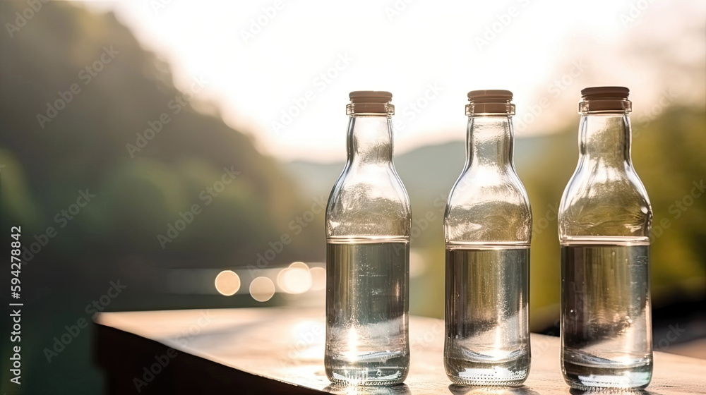 Empty water bottles on the table with blur nature in the park