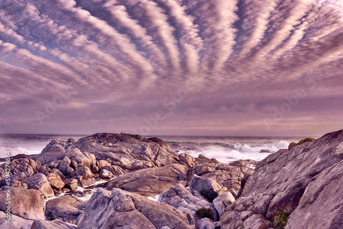 Dreamy beach. Ocean view - Camps Bay, Table Mountain National Park, Cape Town, South AfricaBeach, sunshine and clouds.