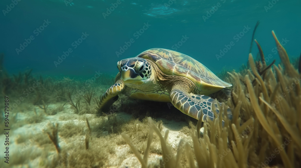 Fototapeta premium Hawksbill turtle eating sea grass from sandy underwater bottom with Generative AI Technology