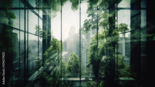 green city double exposure of lush green forest and modern skyscraper with Generative AI Technology