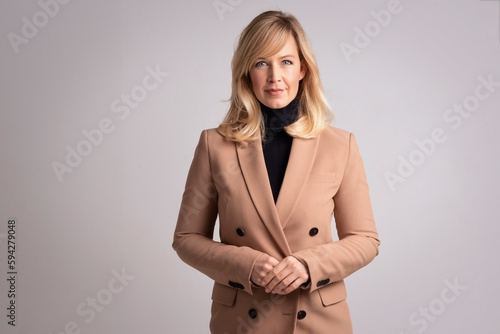 Happy blond haired mid aged woman standing against at isolated background