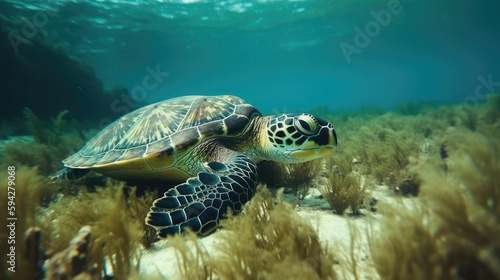 Hawksbill turtle eating sea grass from sandy underwater bottom with Generative AI Technology