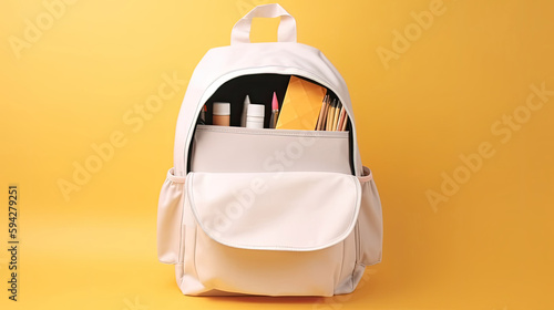 Opened School backpack with stationery on yellow bag with Generative AI Technology photo