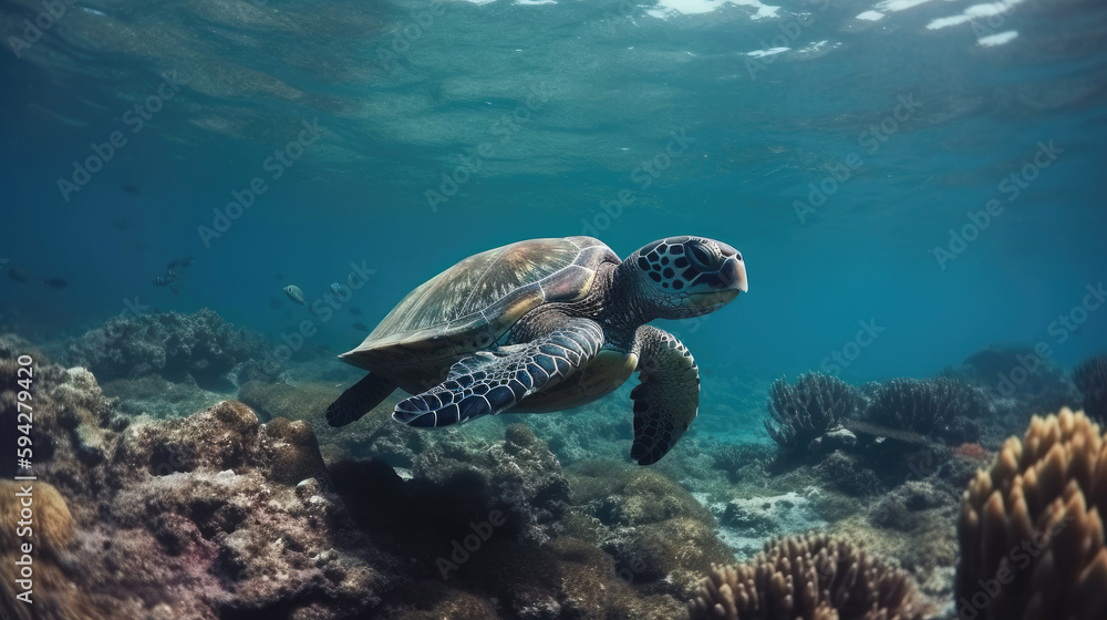 Fototapeta premium Sea turtle in coral landscape Exotic marine wild life underwater with Generative AI Technology