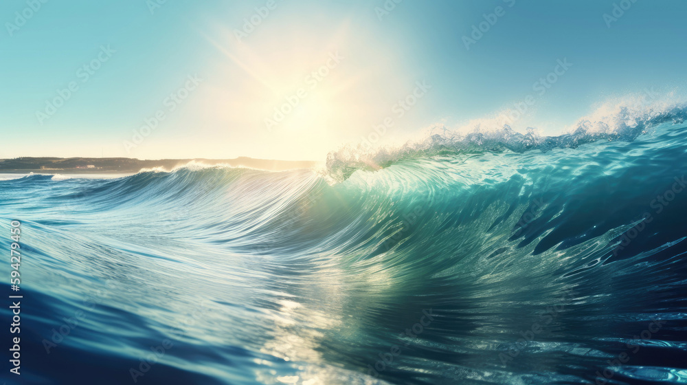 Surfing wave in Blue ocean crest Sea water with sun over blue sky background with Generative AI Technology