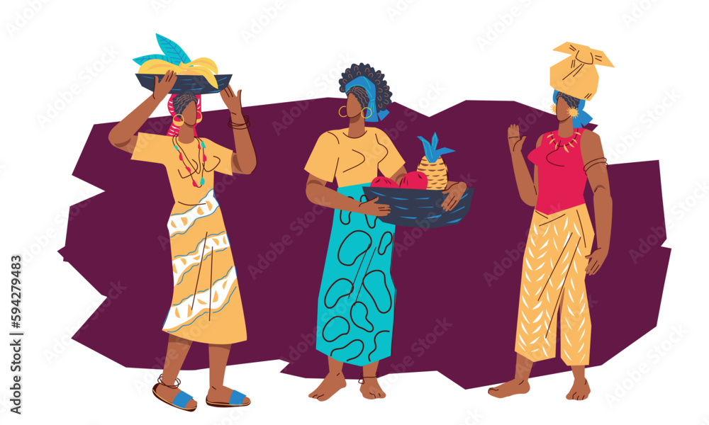 African women in traditional dress, flat vector illustration isolated on white background. Banner or flyer backdrop template for travel and African culture festivals, food labels.