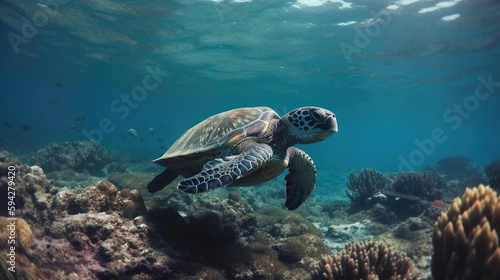 Sea turtle in coral landscape Exotic marine wild life underwater with Generative AI Technology