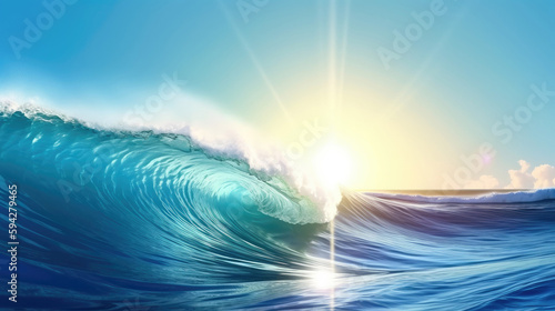 Surfing wave in Blue ocean crest Sea water with sun over blue sky background with Generative AI Technology