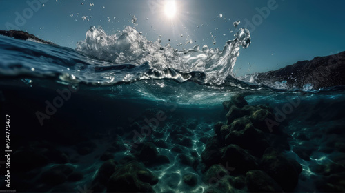 underwater scenery of rock splash foam and waves with Generative AI Technology