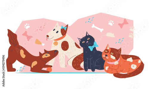 Background with cute dogs and cats, flat cartoon vector illustration. Design for veterinary clinic or animal shelter, pet shop.