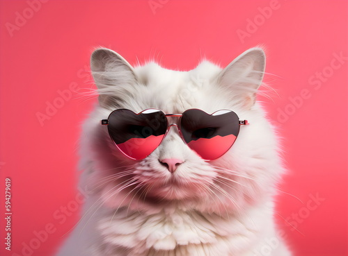 fluffy white cat wearing heart sunglasses isolated on hot pink studio background, made with generative ai 