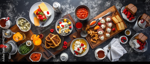Set of American breakfast food with aesthetic arrangement top view
