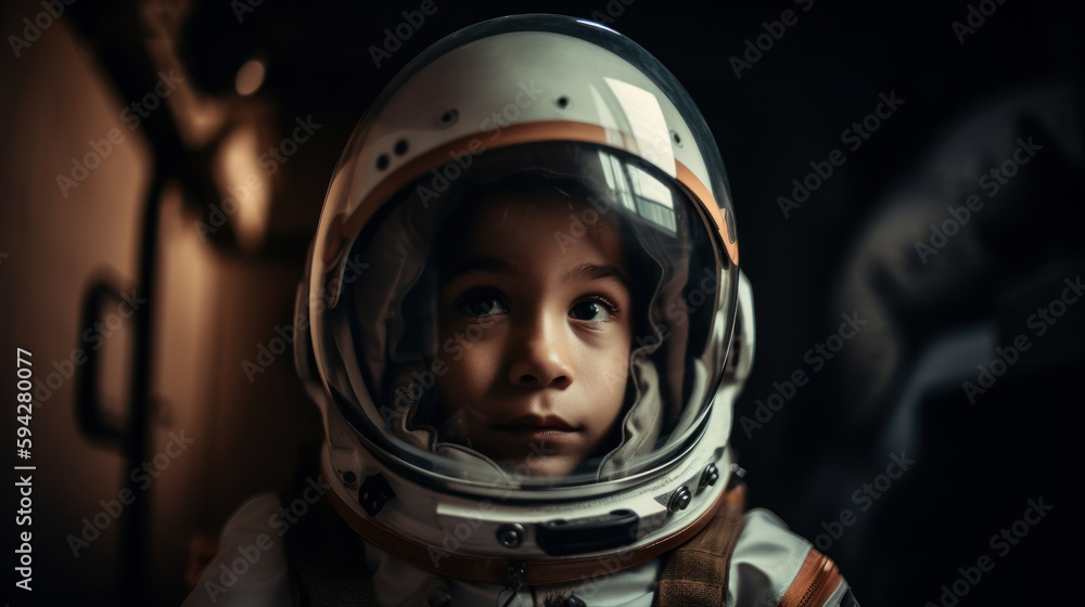 Little kid wearing spacesuit. Cosmonaut concept. Ai generated. Little kid wearing spacesuit. Cosmonaut concept. Ai generated.